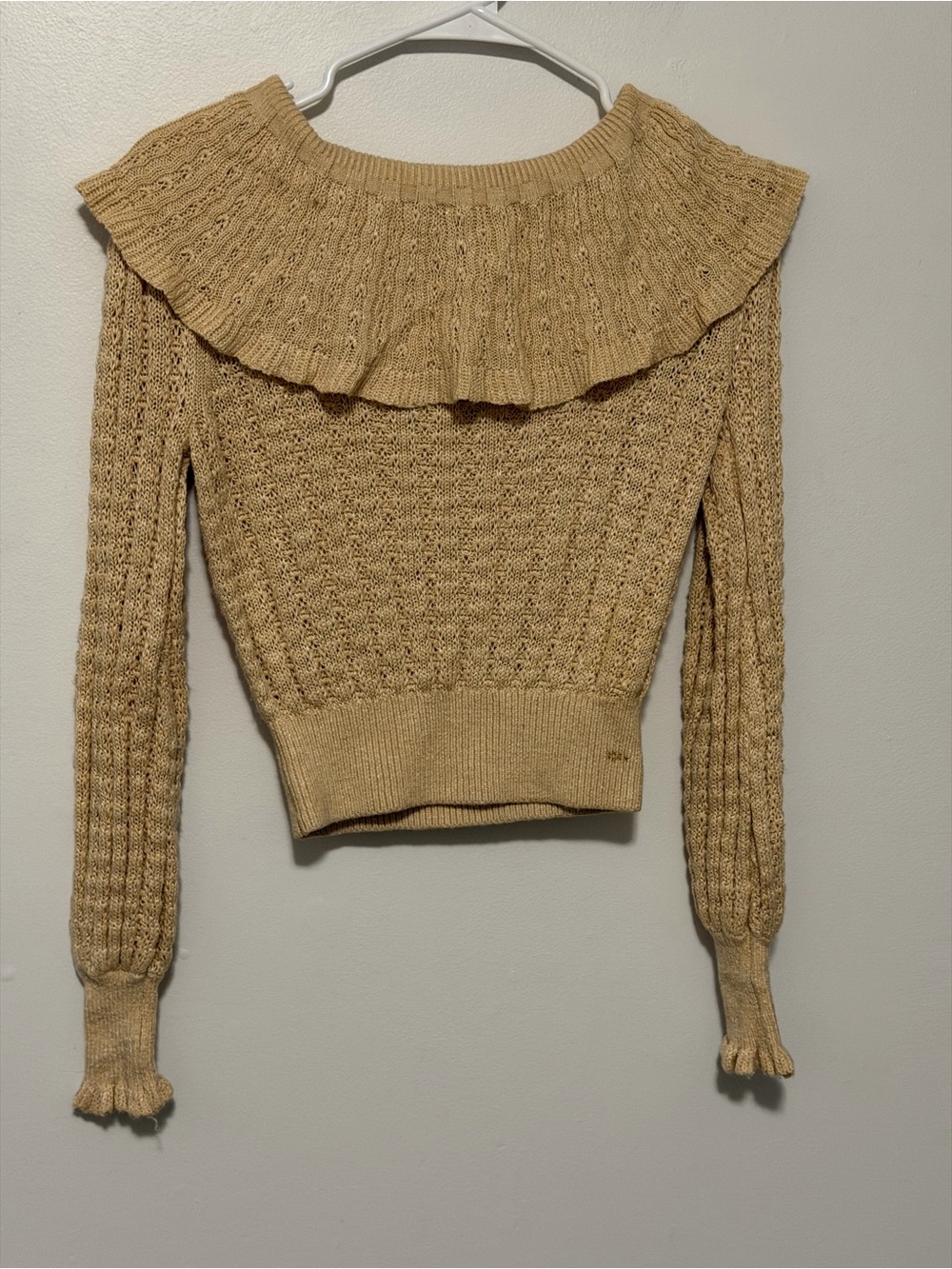 Beige Pointelle Knit Ruffle Collar Cropped Sweater Romantic Cottagecore - Picture 2 of 5